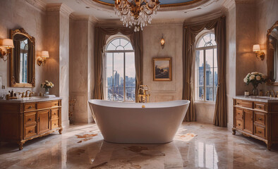 Poster - Large bathroom with a bathtub and a mirror. The bathtub is white and has a gold faucet