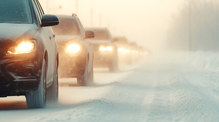 Wall Mural - Slow-moving cars with headlights on causing a traffic backup during a blizzard on a snowy road in winter