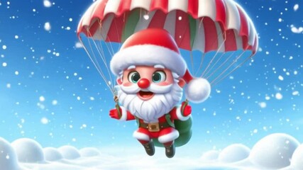 Wall Mural - Cute santa claus animation arriving by parachute. Christmas celebration time