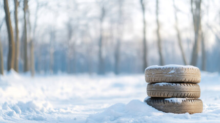 Wall Mural - Close-up of three old car tires covered with snow, standing on top of each other in a winter forest