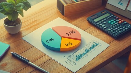 Poster - A close-up view of a financial report featuring a pie chart illustrating profit margins, with annotations and percentage labels, set on a modern wooden desk with a calculator and notepad.