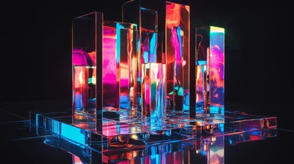 Poster - A mirrored podium reflecting neon abstract forms, set against a deep black background