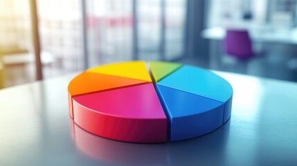 Poster - A colorful 3D pie chart vividly displaying market share distribution, with labeled segments and dynamic shadows, set against a sleek office background, emphasizing data visualization and analysis.
