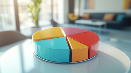 Poster - A colorful 3D pie chart vividly displaying market share distribution, with labeled segments and dynamic shadows, set against a sleek office background, emphasizing data visualization and analysis.