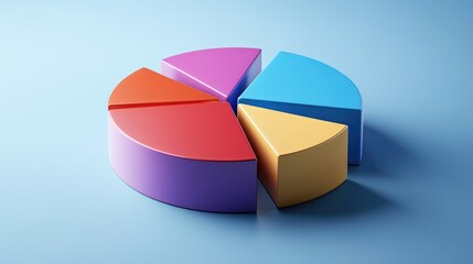 Poster - A colorful 3D pie chart with vibrant slices emerging from a circular base, casting realistic shadows on a smooth background, representing clear data divisions