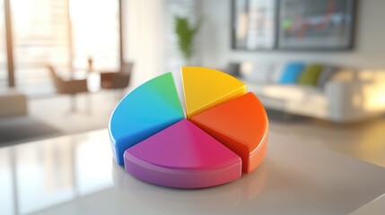 Poster - A colorful 3D pie chart vividly displaying market share distribution, with labeled segments and dynamic shadows, set against a sleek office background, emphasizing data visualization and analysis.