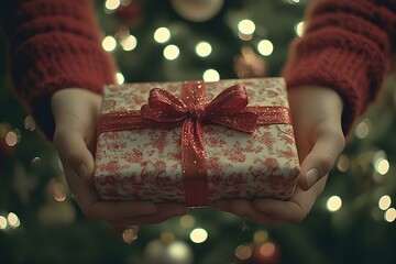 Photo of a girl's hands in front of a Christmas tree holding a carefully wrapped Christmas gift in both hands