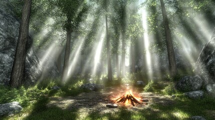 Wall Mural - A serene forest scene with sunlight filtering through trees, illuminating a campfire.