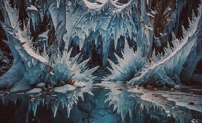 Poster - Frozen lake with ice formations on the surface. The ice formations are in the shape of a mouth