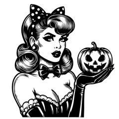 Wall Mural - vintage halloween beauty with spooky jack-o-lantern art – black vector