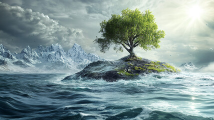 Poster - Resilient green tree thriving on a small island amidst a stormy sea, with snow-capped mountains and a dramatic sky in the distance