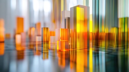 Fototapete - A creative composition featuring multiple 3D bar charts on a glass surface, reflecting light and colors, symbolizing complex data analysis and decision-making processes in a corporate environment.