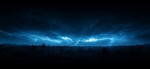 Wall Mural - Night sky panorama with blue lightning over dark forest.