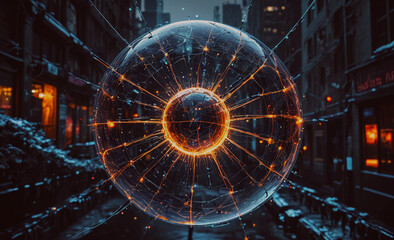 Poster - Glowing sphere with a black center. The sphere is surrounded by a network of lines. The sphere is in the middle of a city street