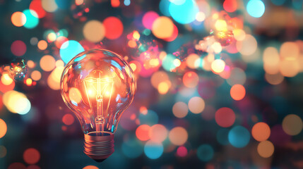 Aufkleber - Glowing light bulb with colorful bokeh background symbolizing creativity, innovation, and new ideas