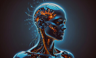 Aufkleber - Woman's head with a blue and orange design. The head is surrounded by wires and has a glowing design
