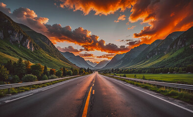 Poster - Long road with mountains in the background. The road is empty. The sky is orange and the sun is setting