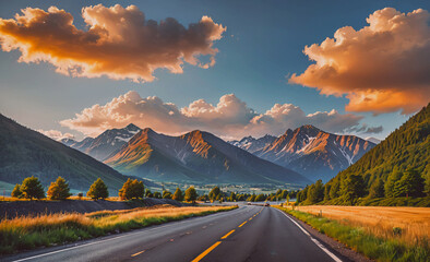 Poster - Road with a mountain range in the background. The sky is cloudy and orange. There are trees along the side of the road