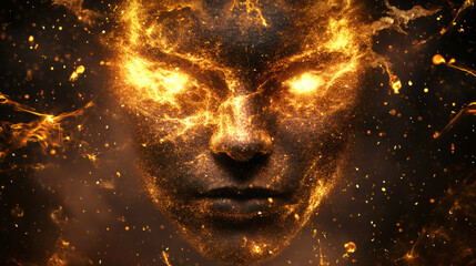 Aufkleber - Blazing particles and energy streams forming a powerful human face with glowing eyes on a dark background