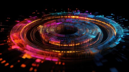 Poster - A dynamic 3D circular graph with rotating sections, glowing with neon colors, representing data distribution in a high-tech digital environment.