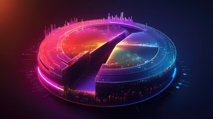 Poster - A dynamic 3D circular graph with rotating sections, glowing with neon colors, representing data distribution in a high-tech digital environment.
