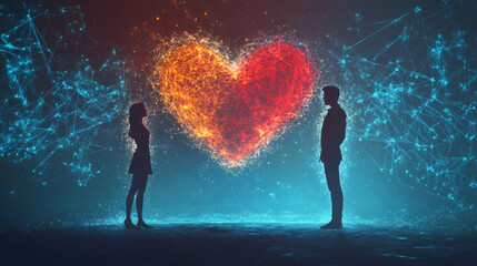 Aufkleber - Digital heart glowing as couple silhouettes symbolize online dating and valentine's day