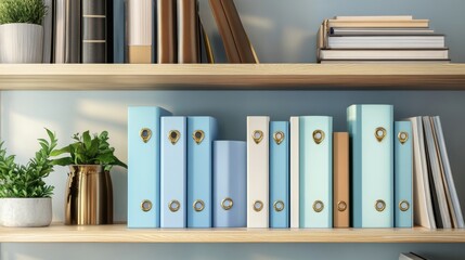 Wall Mural - Neatly arranged document folders on wooden shelf with stylish decor