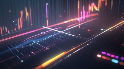 Poster - A dynamic financial graph with colorful lines and glowing bars, illustrating business growth over time, set in a modern digital workspace.