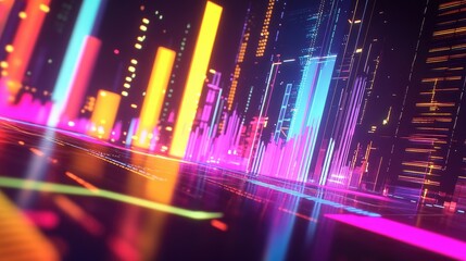 Poster - A dynamic financial graph with colorful lines and glowing bars, illustrating business growth over time, set in a modern digital workspace.