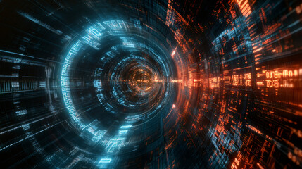 Aufkleber - Data stream flowing inside rotating digital tunnel with blue and orange program code