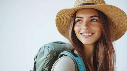 beautiful happy young tourist woman wearing a backpack and a hat, smiling and looking at the camera,