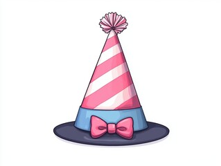 A colorful party hat with pink and white stripes, featuring a blue band and a pink bow, perfect for celebrations and festive occasions.