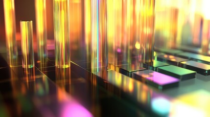 Poster - A financial 3D bar graph with shiny, glass-like bars showing growth over time, with a sleek digital backdrop, representing increasing profits.