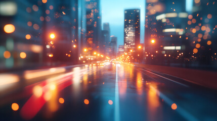 Poster - Dusk cityscape with wet asphalt reflecting street lights and car light trails