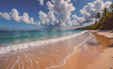 Poster - The beach is a beautiful and serene place, with a large body of water stretching out in front of it. The sky above is cloudy, creating a moody atmosphere. The water is calm