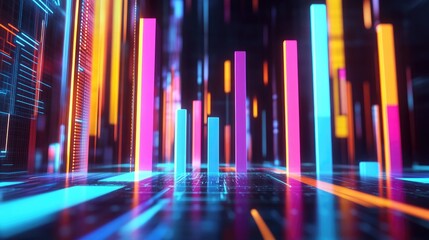 Poster - A futuristic 3D financial bar graph with tall, reflective bars ascending in vibrant colors, set against a sleek digital background, showcasing business growth trends.