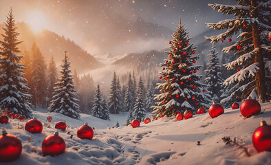 Poster - Christmas tree with red balls on it. The tree is surrounded by snow. There are many red balls scattered around the tree