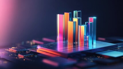 Poster - A glowing 3D bar graph with metallic, multicolored bars representing financial data, set on a sleek, futuristic digital platform with soft shadows.