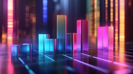 Poster - A glowing 3D bar graph with metallic, multicolored bars representing financial data, set on a sleek, futuristic digital platform with soft shadows.