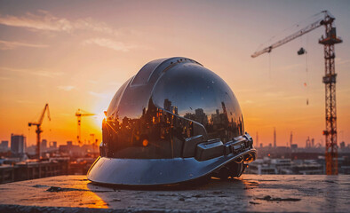 Poster - Construction worker's hard hat is sitting on a cement slab. The sun is setting in the background