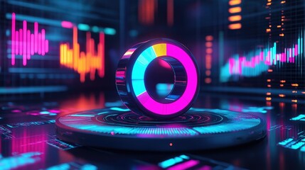 Poster - A high-tech 3D donut chart with neon-colored segments rotating around a central axis, surrounded by digital data points in a futuristic space.