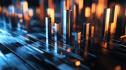 Poster - A high-tech 3D financial bar chart with metallic bars rising from a sleek surface, showing financial performance across multiple periods.