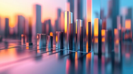 Poster - A high-tech 3D financial bar chart with metallic bars rising from a sleek surface, showing financial performance across multiple periods.