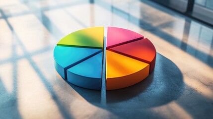Poster - A multi-colored 3D pie chart with each slice elevated, casting shadows on a reflective surface, representing clear data segmentation.
