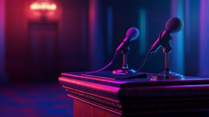 Fototapete - A podium with microphones and a teleprompter, ready for a press conference 