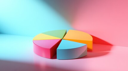 Poster - A multi-colored 3D pie chart with each slice elevated, casting shadows on a reflective surface, representing clear data segmentation.