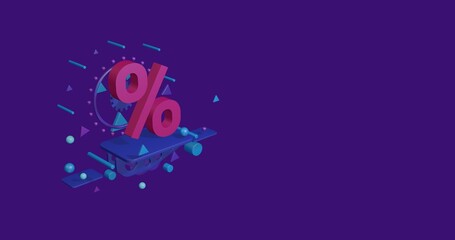 Poster - Pink percent symbol on a pedestal of abstract geometric shapes floating in the air. Abstract concept art with flying shapes on the left. 3d illustration on deep purple background