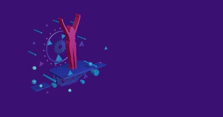 Poster - Pink woman stretches symbol on a pedestal of abstract geometric shapes floating in the air. Abstract concept art with flying shapes on the left. 3d illustration on deep purple background