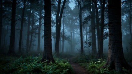  Enchanted, ethereal foggy twilight forest with a serene moonlit glow.