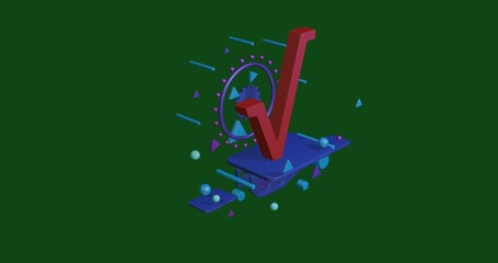 Poster - Red square root symbol on a pedestal of abstract geometric shapes floating in the air. Abstract concept art with flying shapes in the center. 3d illustration on green background